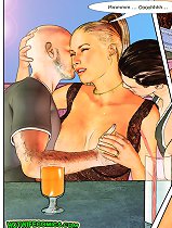 While boy going to restroom his wife flirt with two guys cuckold comics