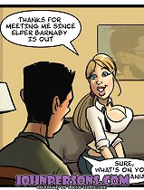 Busty office slut is interviewed with huge hard cock in great interracial John Person sex comics